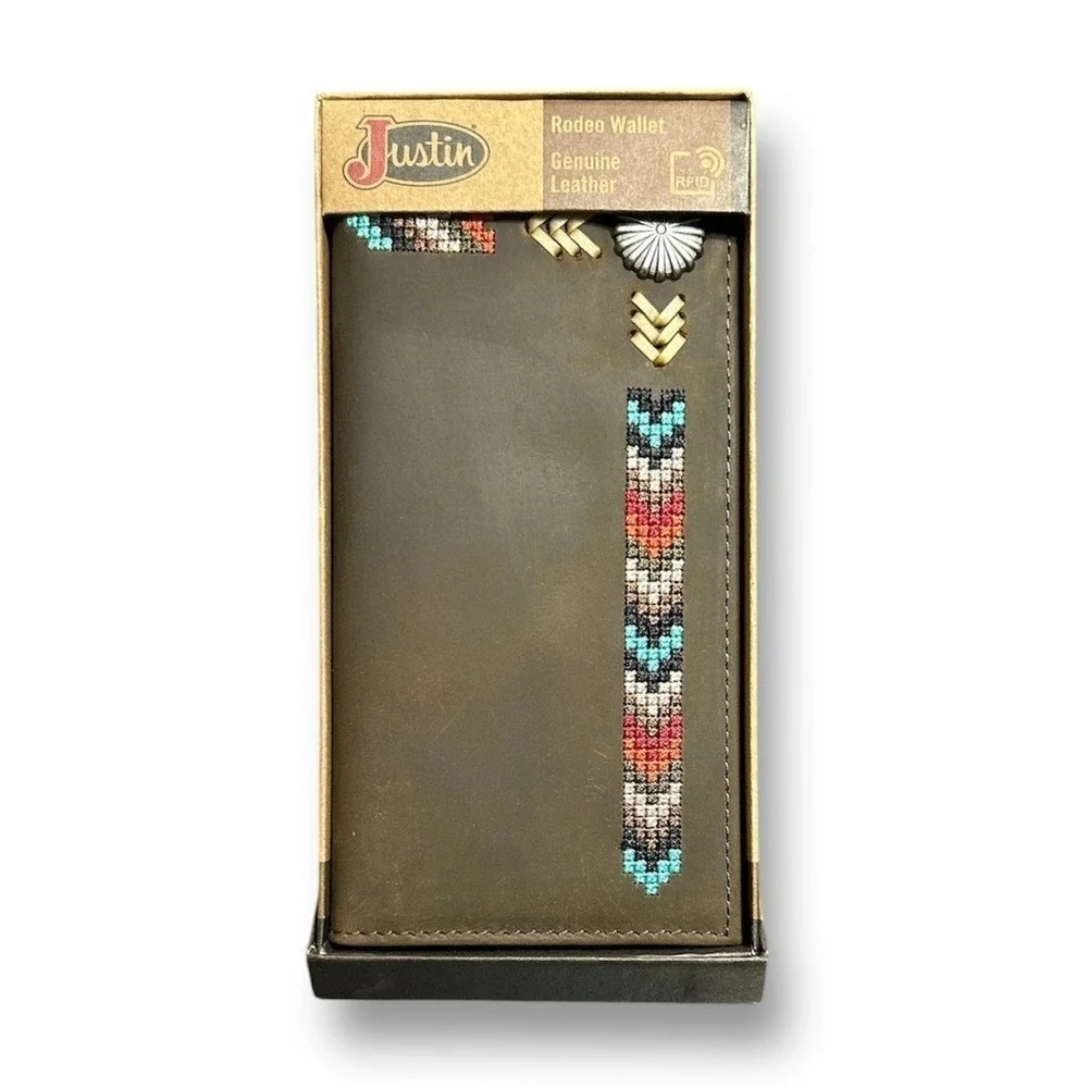 Justin Rodeo Wallet Brown Genuine Leather Tooled Western Stitch RFID Long Bifold